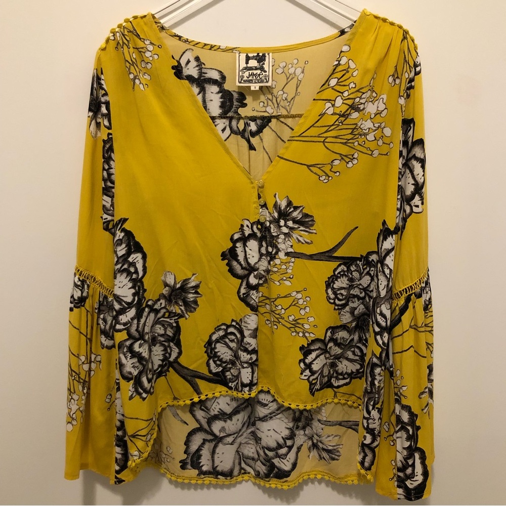 Jaase Yellow Black Floral Bell Sleeve Boho Blouse Women’s Size S